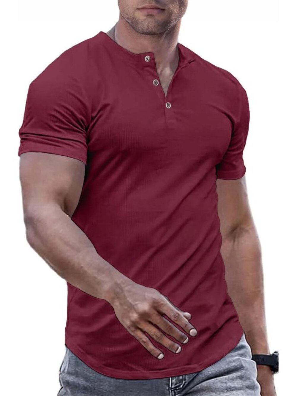 Men's Red Muscle Slim Henley Crewneck Longline Athletic Button Tees Shirts